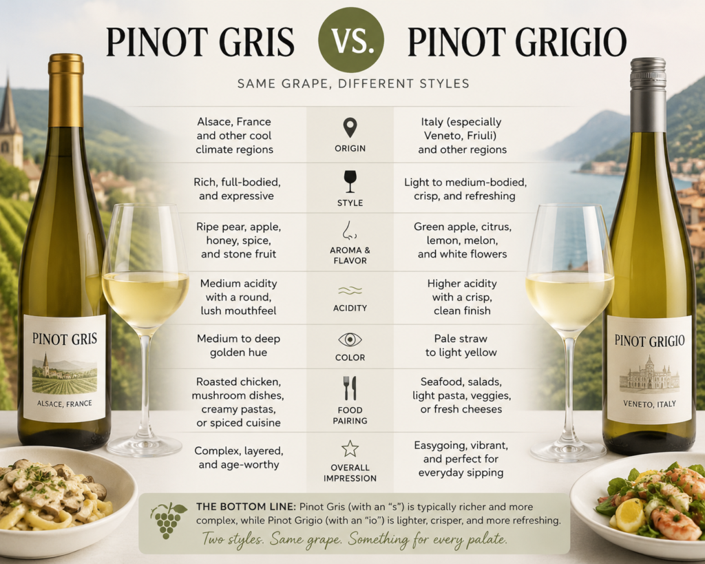 Pinot Gris vs Pinot Grigio comparison with two glasses side by side