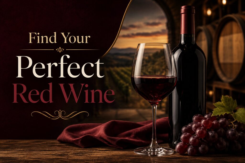 Eight types of red wine in glasses lined up for a beginner tasting